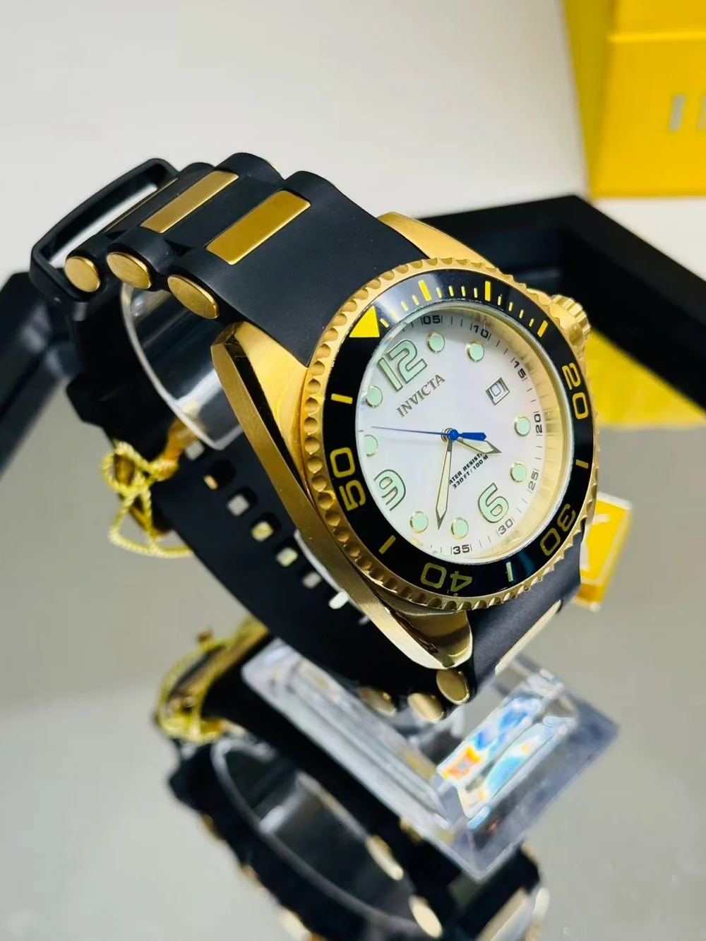 Invicta Pro Diver Gold Tone 44mm Quartz Watch MOP Dial Black Strap New In Box
